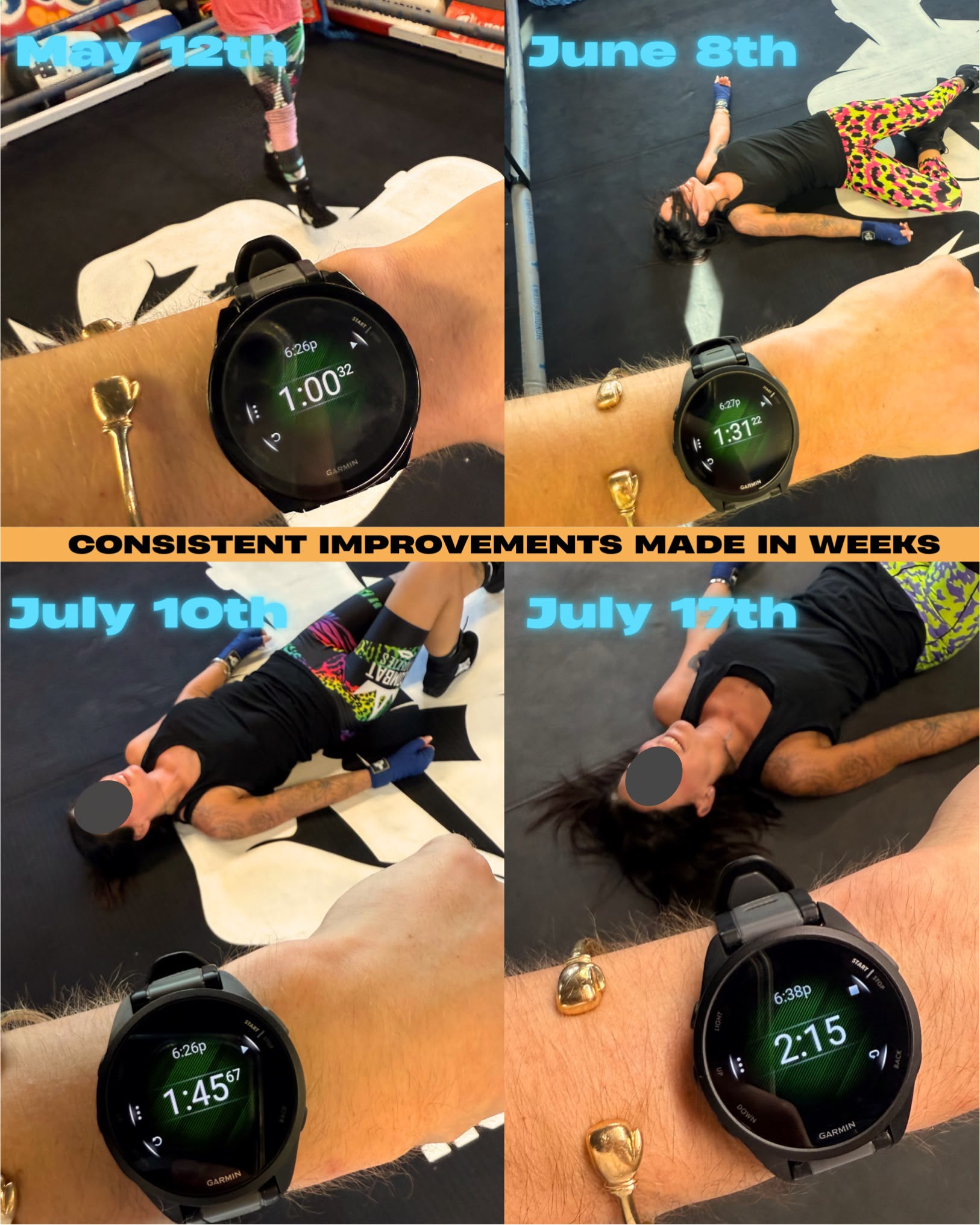 Four dated photographs of a stopwatch showing Rachel&rsquo;s plank improving from 1:00 on 12 May to 2:15 on 17 July