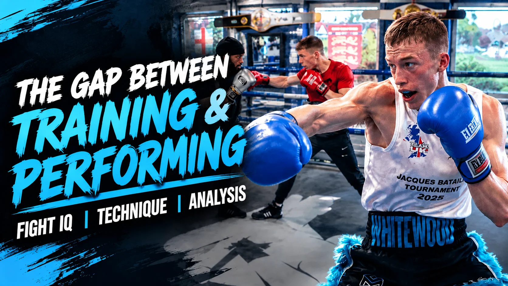 The gap between training and performing. Fight IQ, technique and analysis. Charles Whitewood throwing a straight punch in the ring, with pad work going on behind him